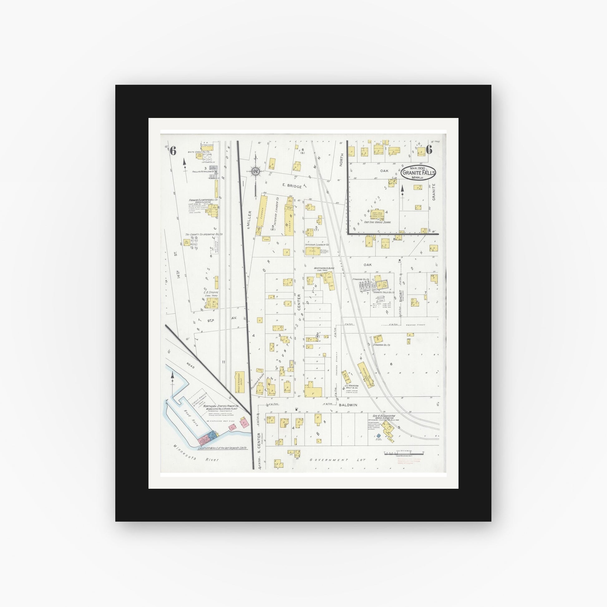 Old map wall art mockup — black gallery frame with white mat — Sanborn Fire Insurance Map from Granite Falls, Yellow Medicine And Chippewa Counties, Minnesota (1930), Sheet #0006