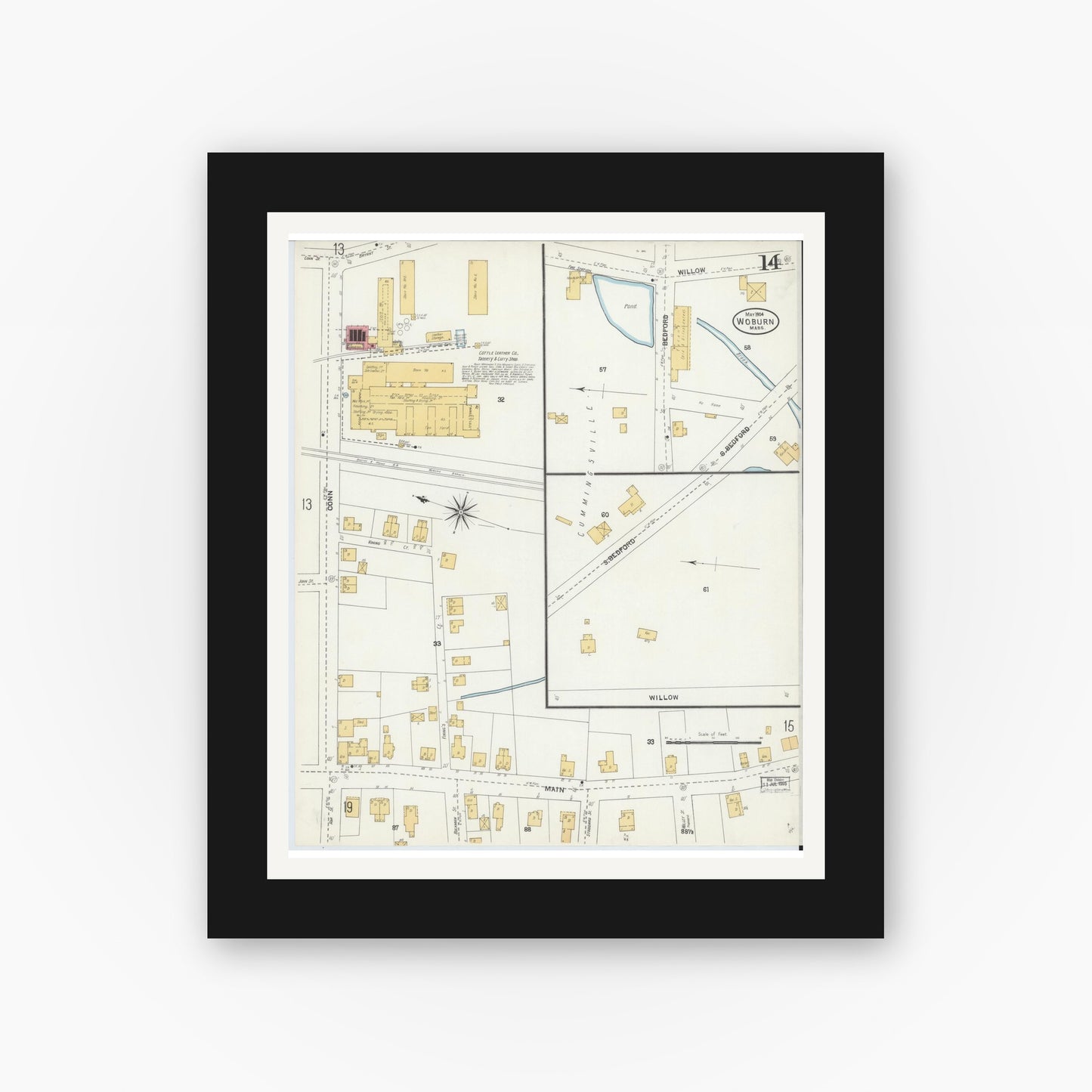 Old map wall art mockup — black gallery frame with white mat — Sanborn Fire Insurance Map from Woburn, Middlesex County, Massachusetts (1904), Sheet #0014