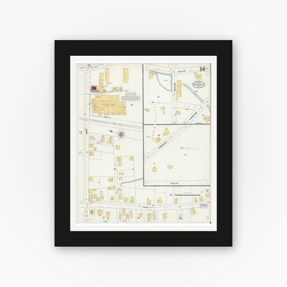 Old map wall art mockup — black gallery frame with white mat — Sanborn Fire Insurance Map from Woburn, Middlesex County, Massachusetts (1904), Sheet #0014