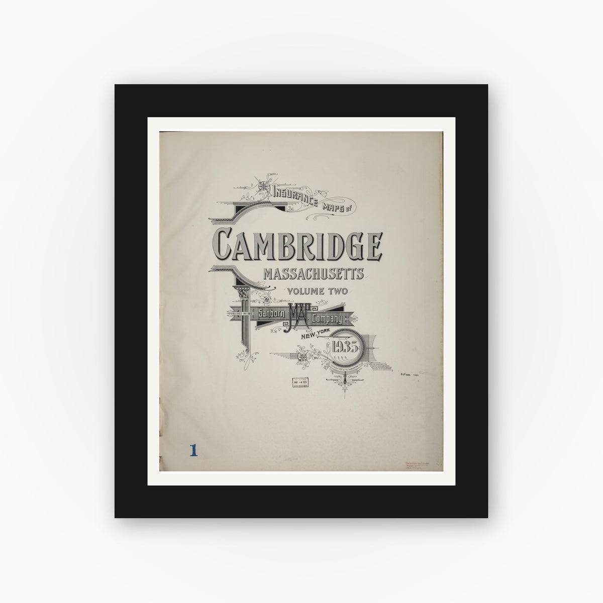 Old map wall art mockup — black gallery frame with white mat — Sanborn Fire Insurance Map from Cambridge, Middlesex County, Massachusetts (1935), Sheet #0001