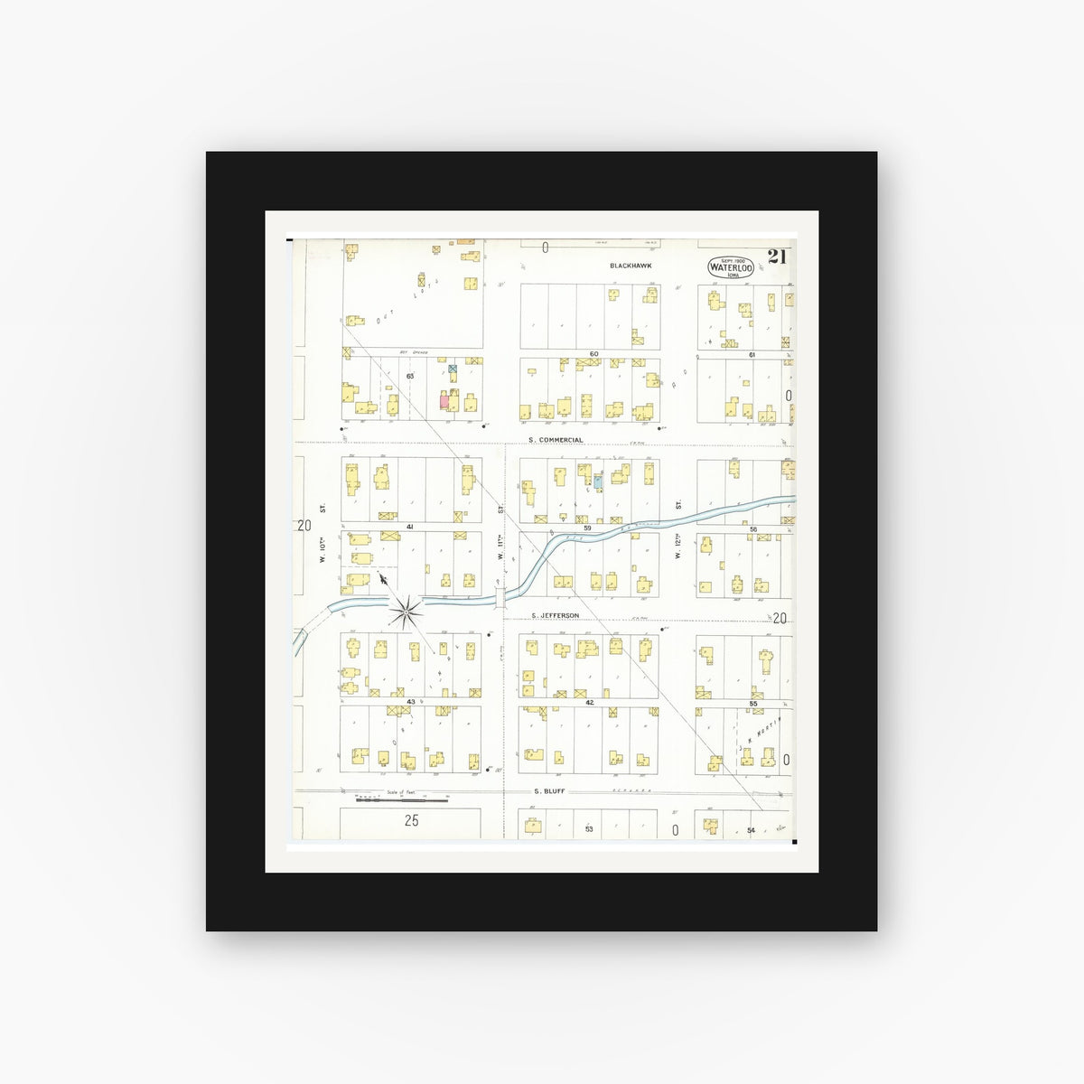 Old map wall art mockup — black gallery frame with white mat — Sanborn Fire Insurance Map from Waterloo, Black Hawk County, Iowa (1900), Sheet #0021