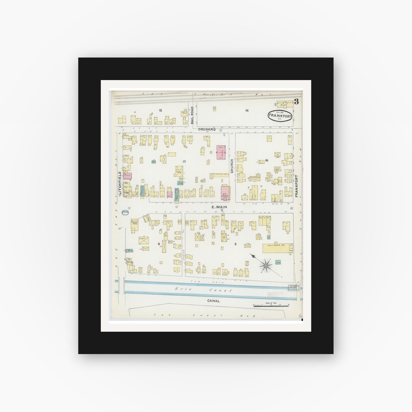 Old map wall art mockup — black gallery frame with white mat — Sanborn Fire Insurance Map from Frankfort, Herkimer County, New York (1891), Sheet #0003