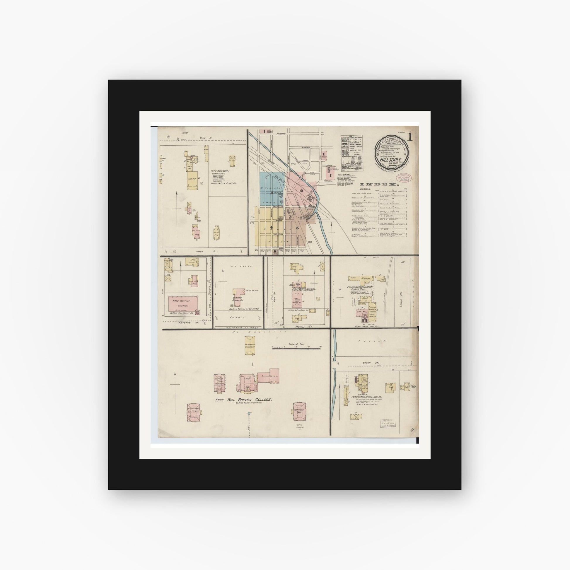 Old map wall art mockup — black gallery frame with white mat — Sanborn Fire Insurance Map from Hillsdale, Hillsdale County, Michigan (1888) - Complete Map Set