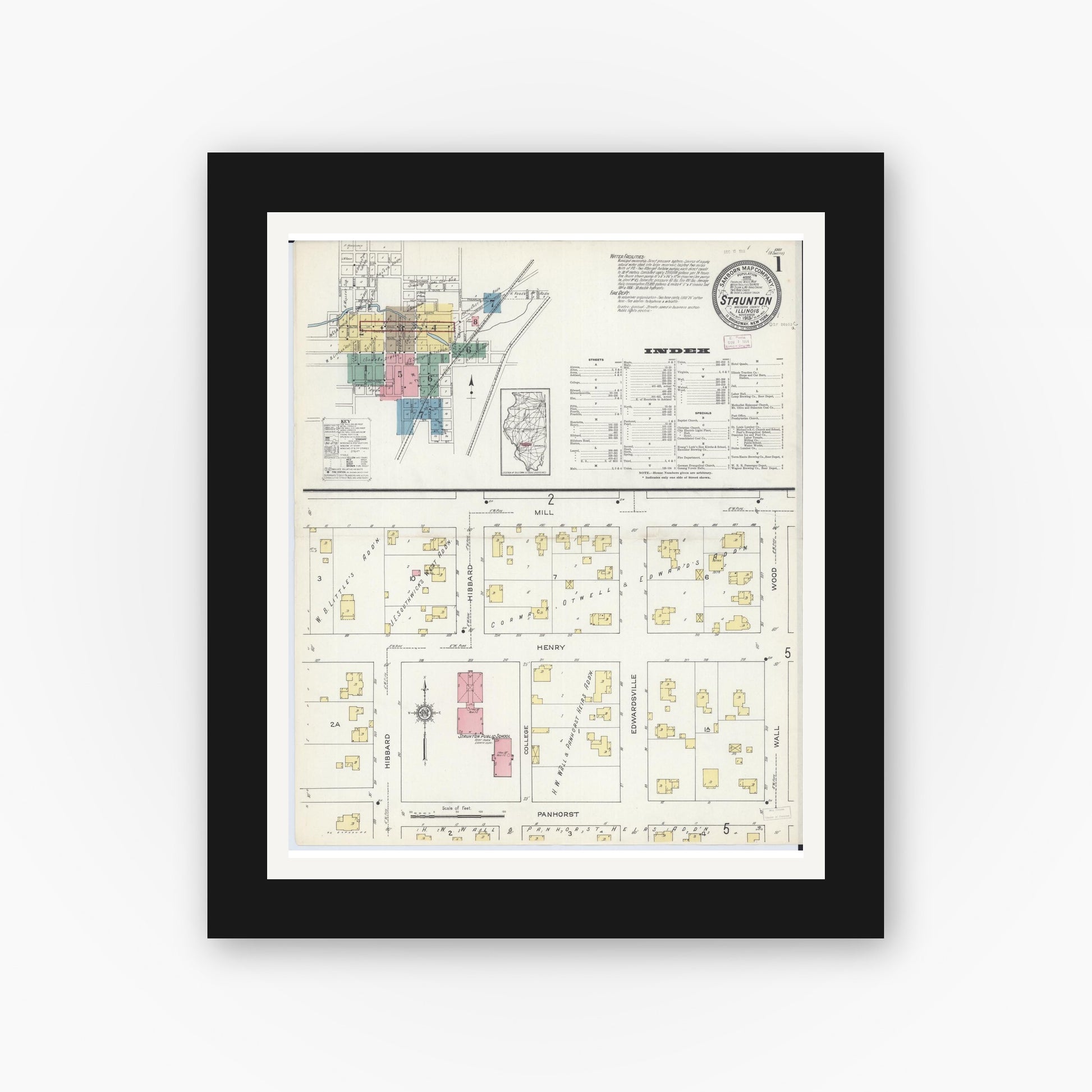 Old map wall art mockup — black gallery frame with white mat — Sanborn Fire Insurance Map from Staunton, Macoupin County, Illinois (1913) - Complete Map Set