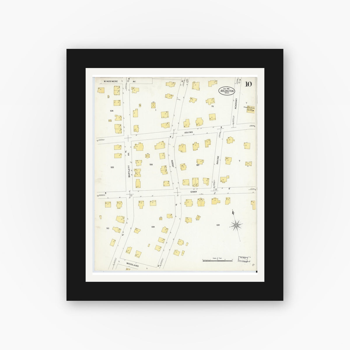 Old map wall art mockup — black gallery frame with white mat — Sanborn Fire Insurance Map from Arlington, Middlesex County, Massachusetts (1908), Sheet #0010