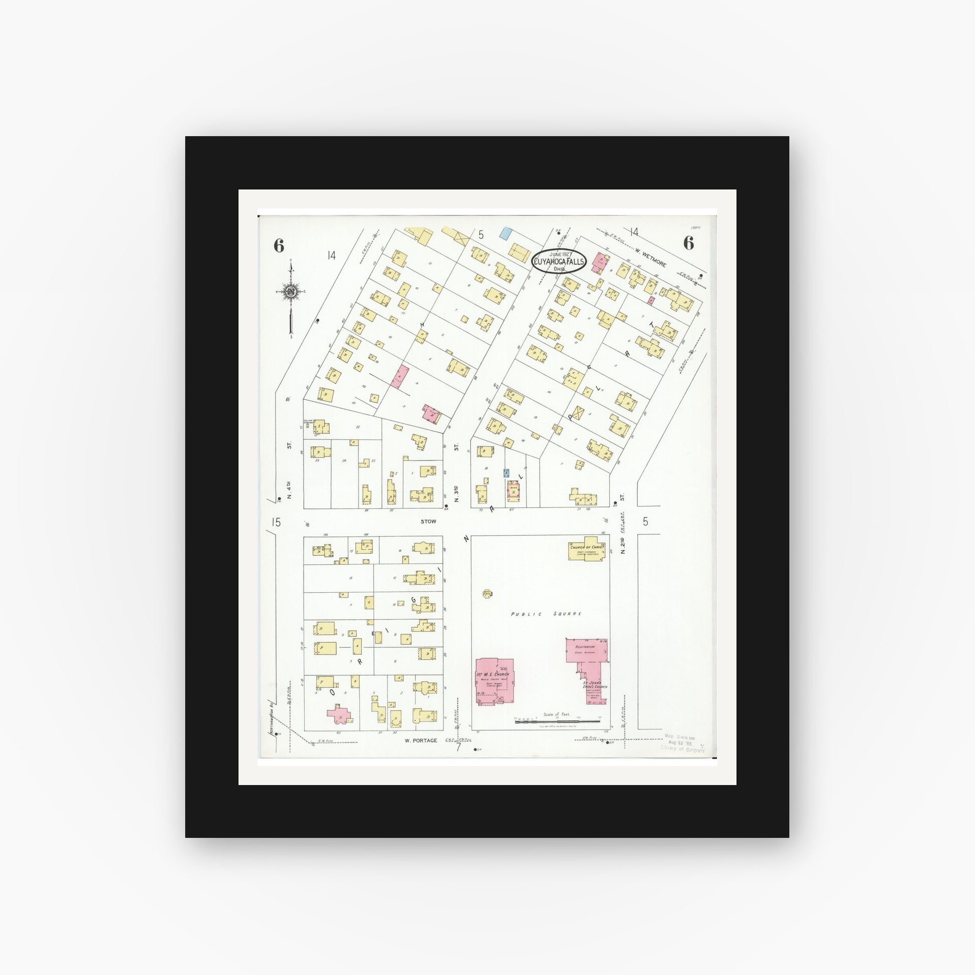 Old map wall art mockup — black gallery frame with white mat — Sanborn Fire Insurance Map from Cuyahoga Falls, Summit County, Ohio (1927), Sheet #0006