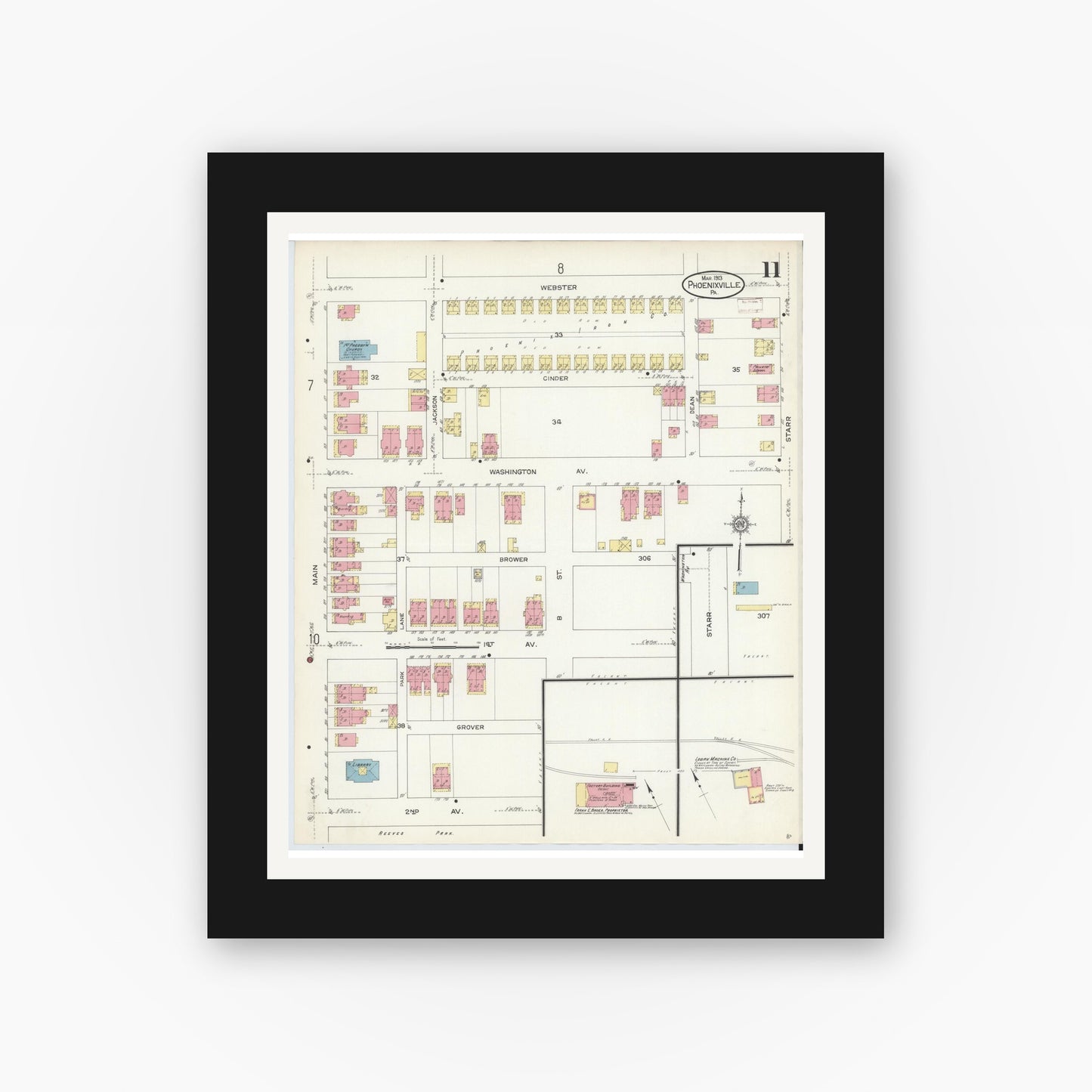 Old map wall art mockup — black gallery frame with white mat — Sanborn Fire Insurance Map from Phoenixville, Chester County, Pennsylvania (1913), Sheet #0011