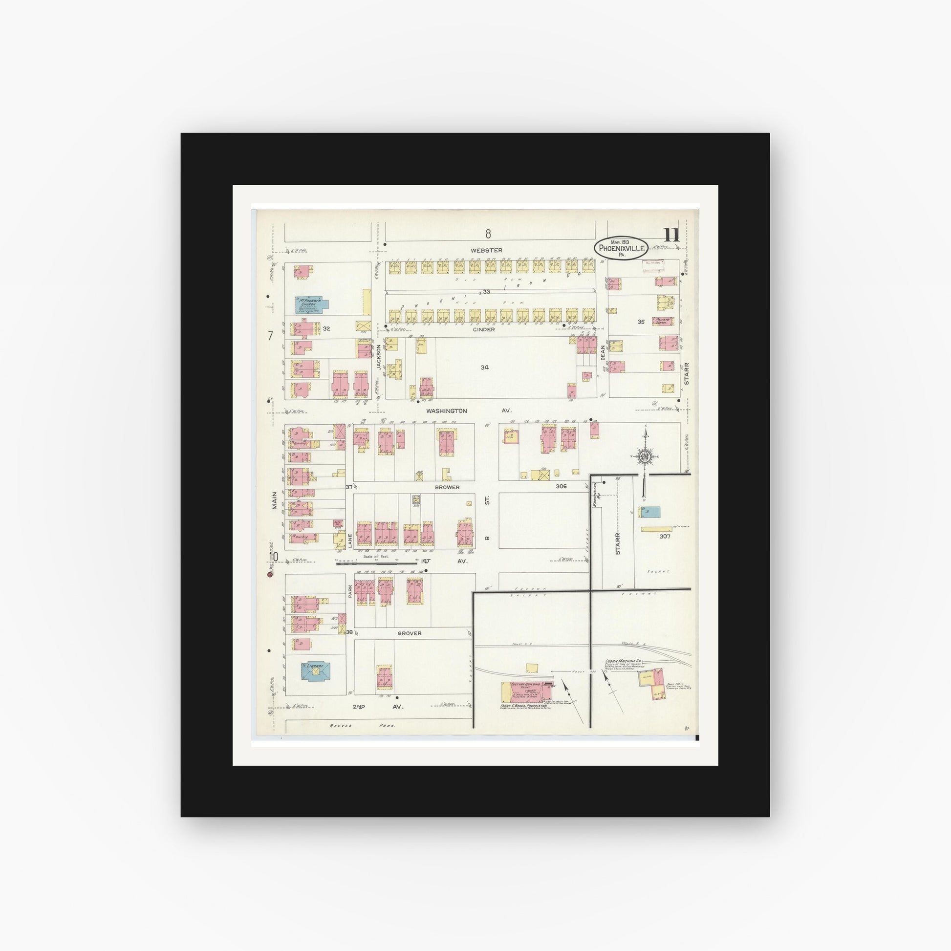 Old map wall art mockup — black gallery frame with white mat — Sanborn Fire Insurance Map from Phoenixville, Chester County, Pennsylvania (1913), Sheet #0011