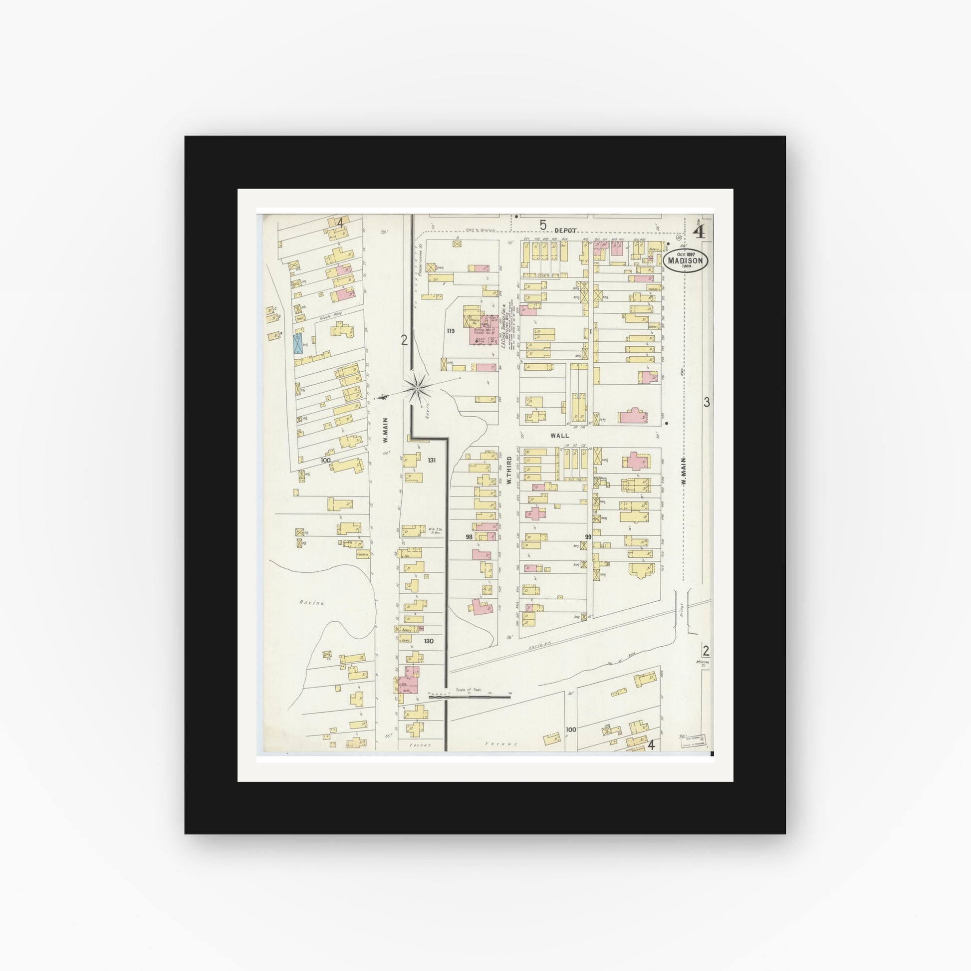 Old map wall art mockup — black gallery frame with white mat — Sanborn Fire Insurance Map from Madison, Jefferson County, Indiana (1897), Sheet #0004