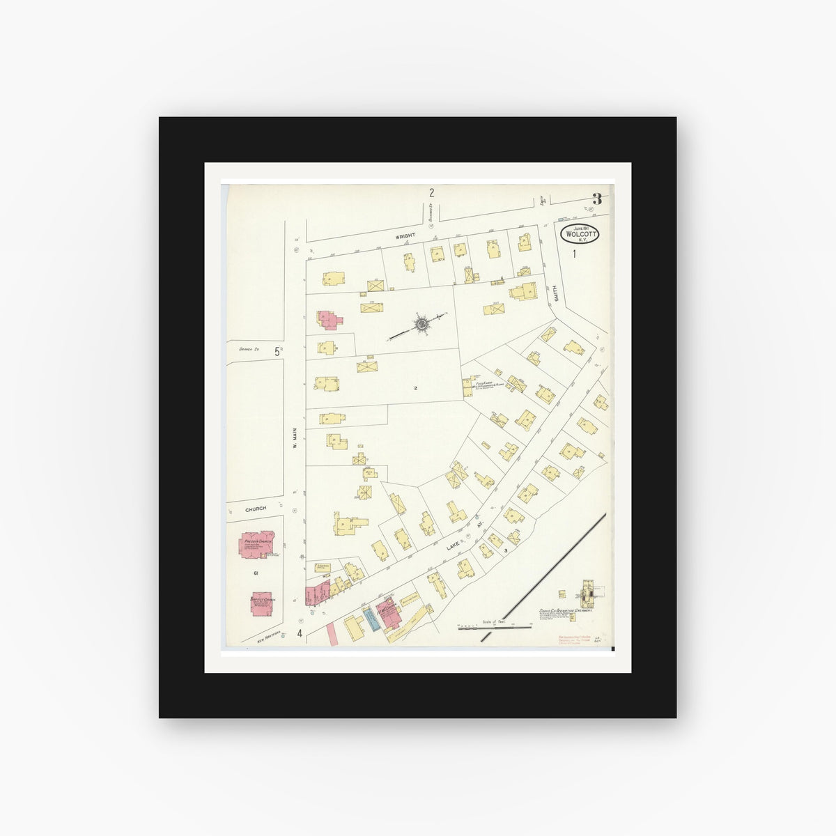Old map wall art mockup — black gallery frame with white mat — Sanborn Fire Insurance Map from Wolcott, Wayne County, New York (1911), Sheet #0003