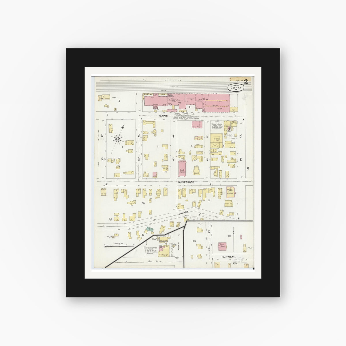 Old map wall art mockup — black gallery frame with white mat — Sanborn Fire Insurance Map from Corry, Erie County, Pennsylvania (1897), Sheet #0002