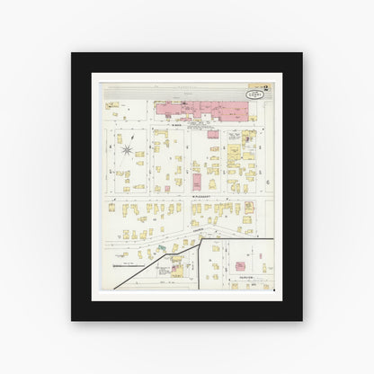 Old map wall art mockup — black gallery frame with white mat — Sanborn Fire Insurance Map from Corry, Erie County, Pennsylvania (1897), Sheet #0002