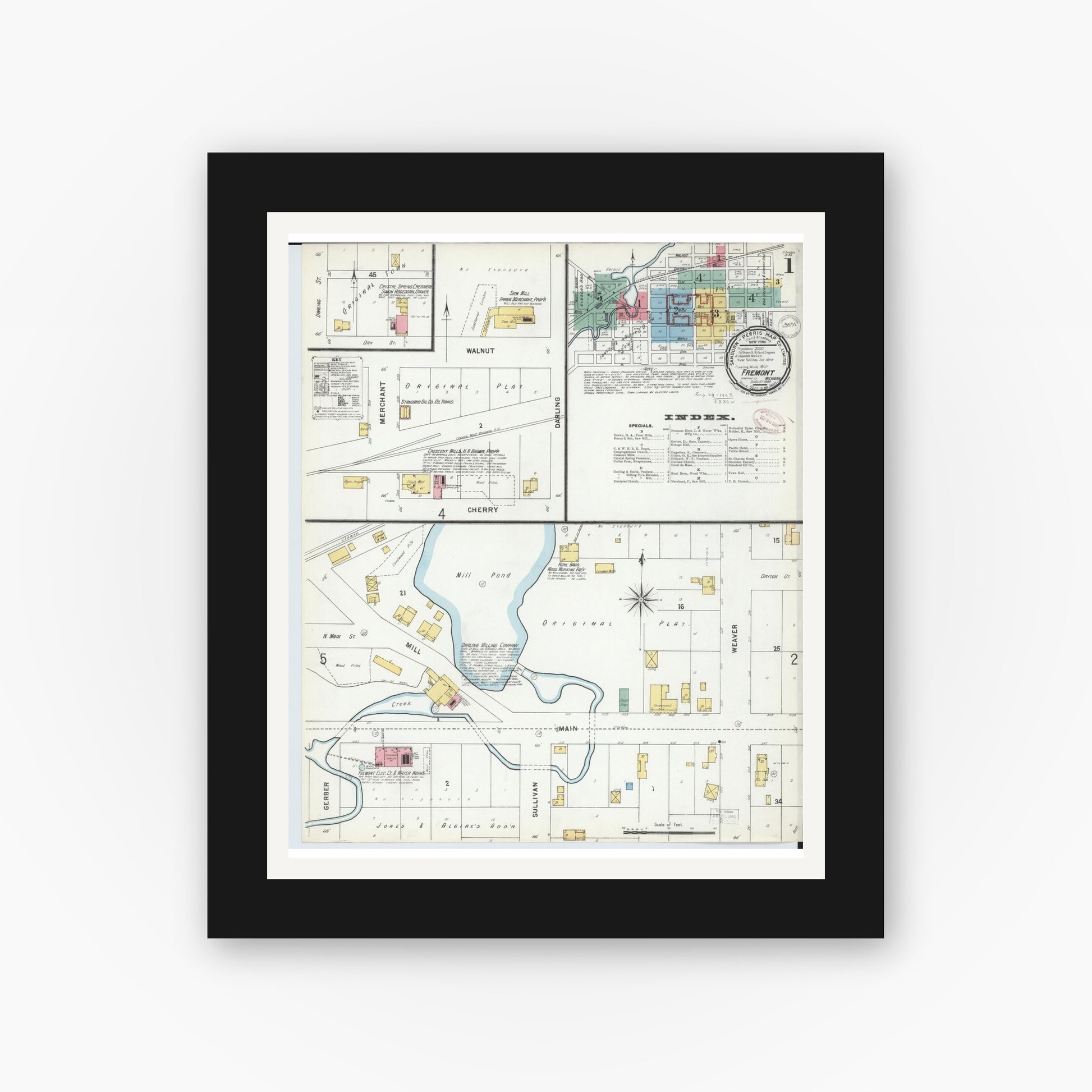 Old map wall art mockup — black gallery frame with white mat — Sanborn Fire Insurance Map from Fremont, Newaygo County, Michigan (1899), Sheet #0001