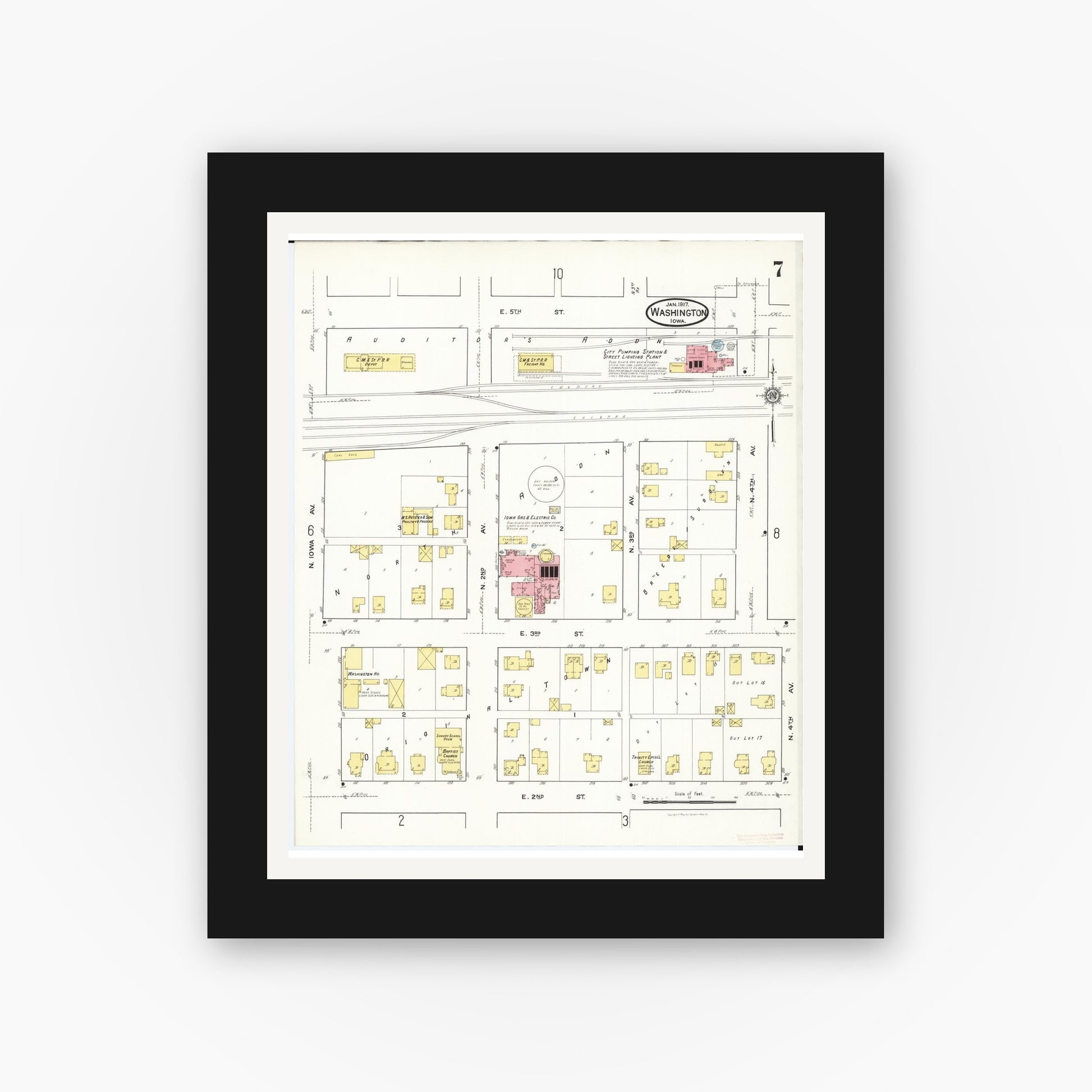 Old map wall art mockup — black gallery frame with white mat — Sanborn Fire Insurance Map from Washington, Washington County, Iowa (1917), Sheet #0007