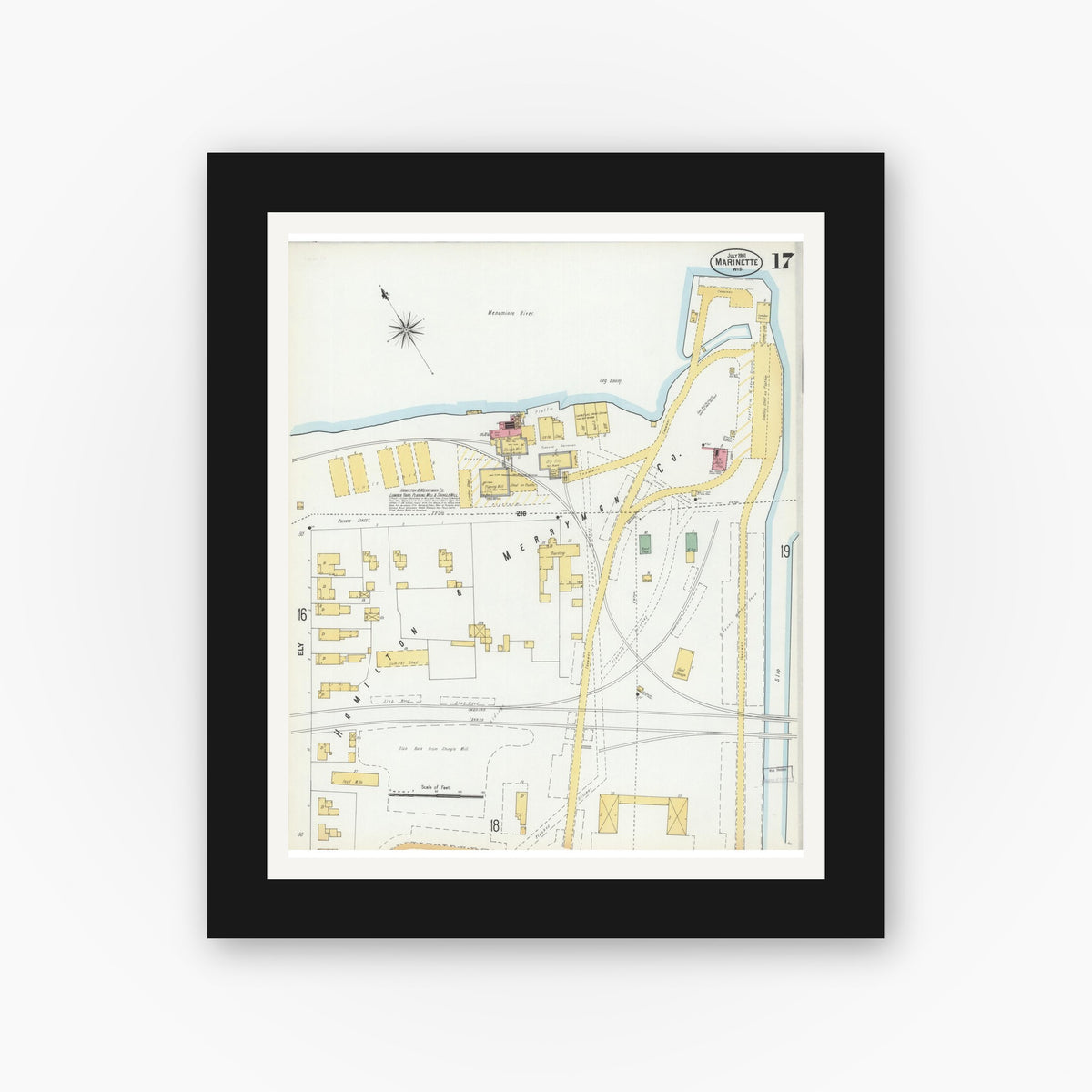Old map wall art mockup — black gallery frame with white mat — Sanborn Fire Insurance Map from Marinette, Marinette County, Wisconsin (1901), Sheet #0017