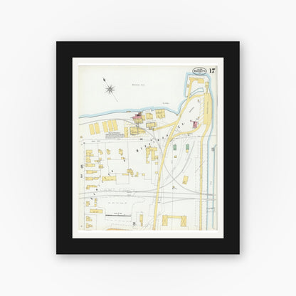 Old map wall art mockup — black gallery frame with white mat — Sanborn Fire Insurance Map from Marinette, Marinette County, Wisconsin (1901), Sheet #0017