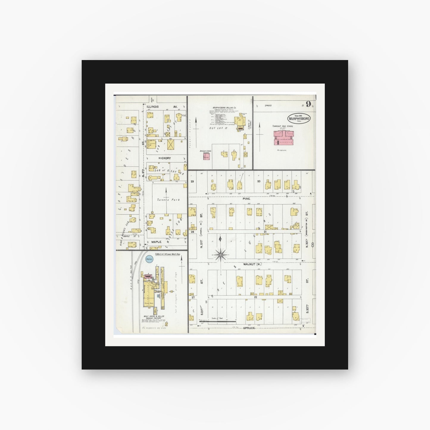 Old map wall art mockup — black gallery frame with white mat — Sanborn Fire Insurance Map from Murphysboro, Jackson County, Illinois (1902), Sheet #0009