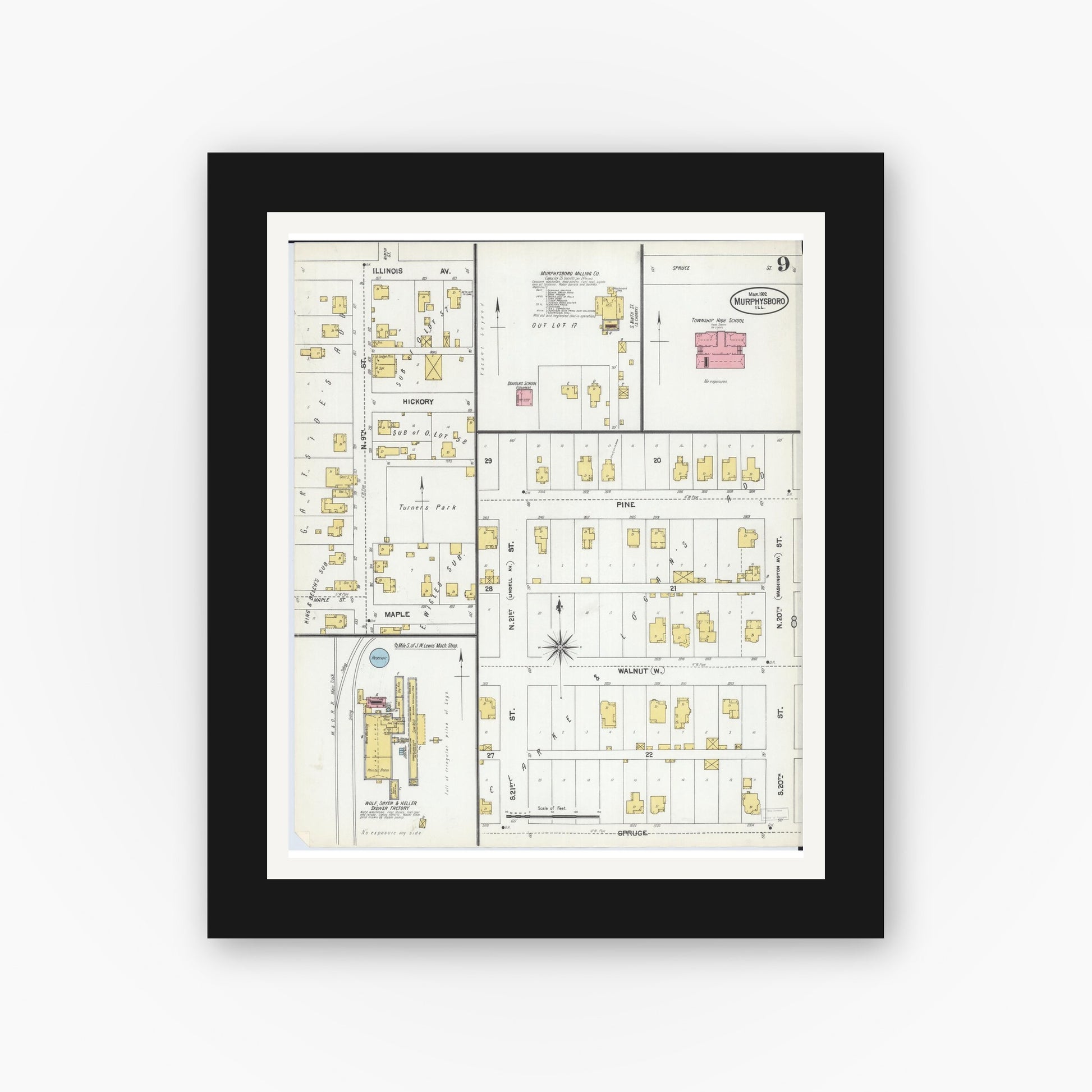 Old map wall art mockup — black gallery frame with white mat — Sanborn Fire Insurance Map from Murphysboro, Jackson County, Illinois (1902), Sheet #0009