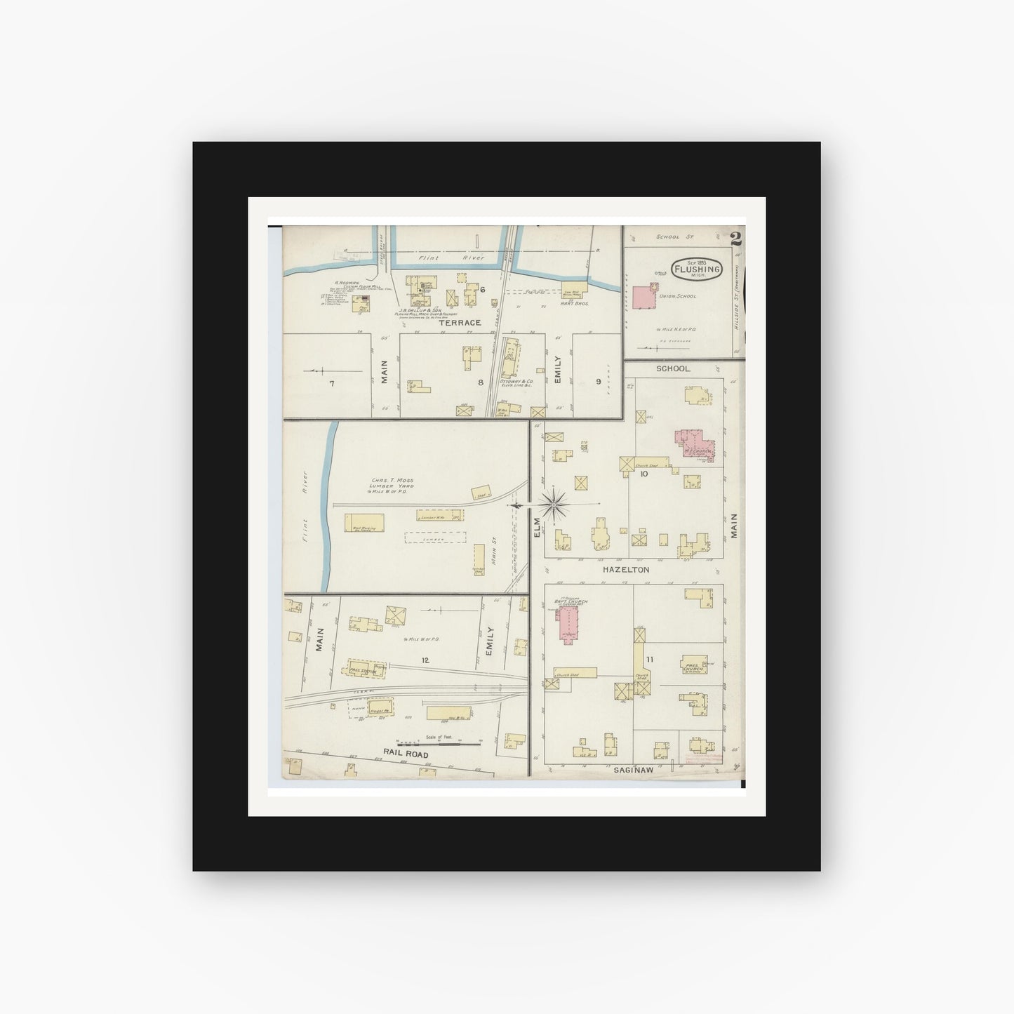 Old map wall art mockup — black gallery frame with white mat — Sanborn Fire Insurance Map from Flushing, Genesee County, Michigan (1893), Sheet #0002