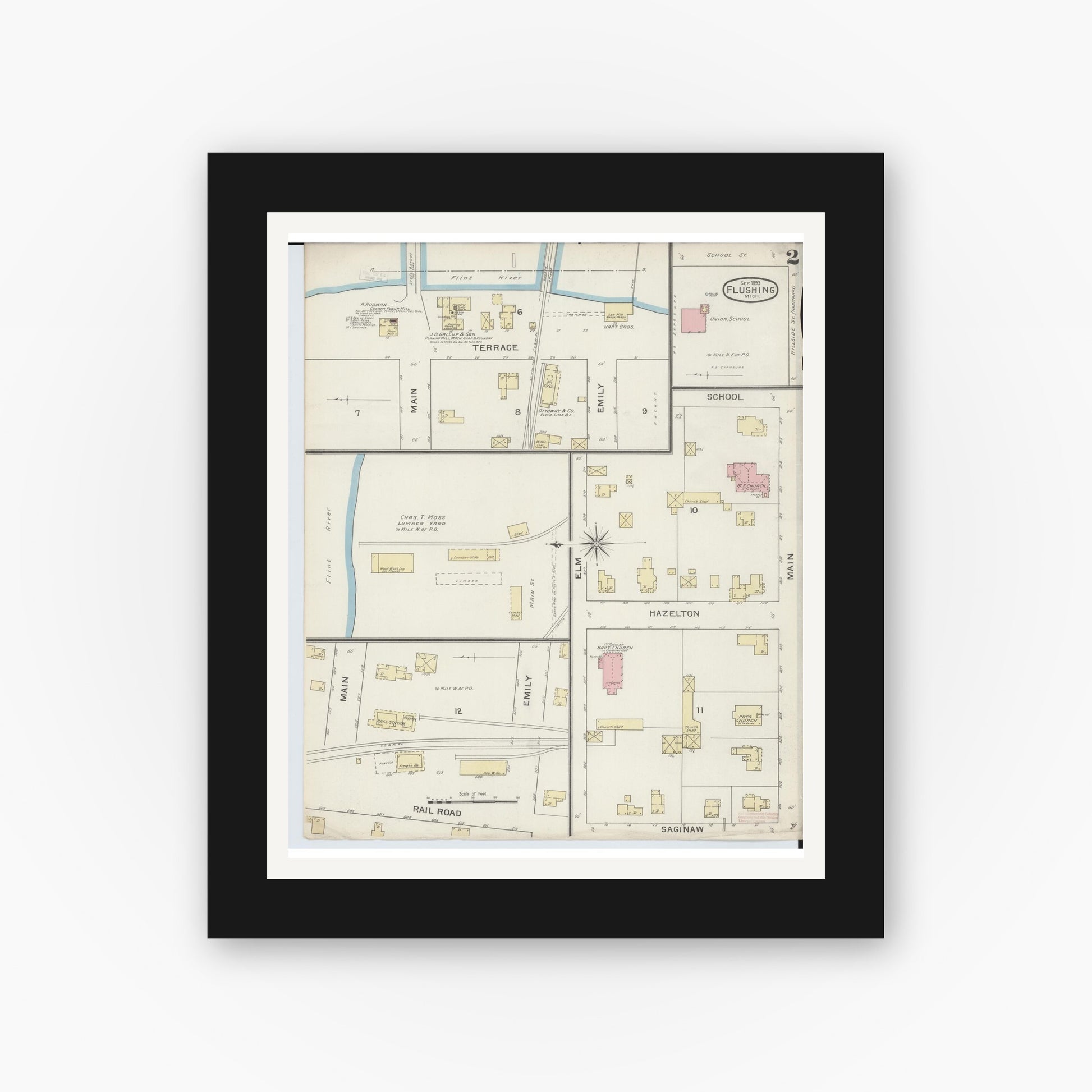 Old map wall art mockup — black gallery frame with white mat — Sanborn Fire Insurance Map from Flushing, Genesee County, Michigan (1893), Sheet #0002
