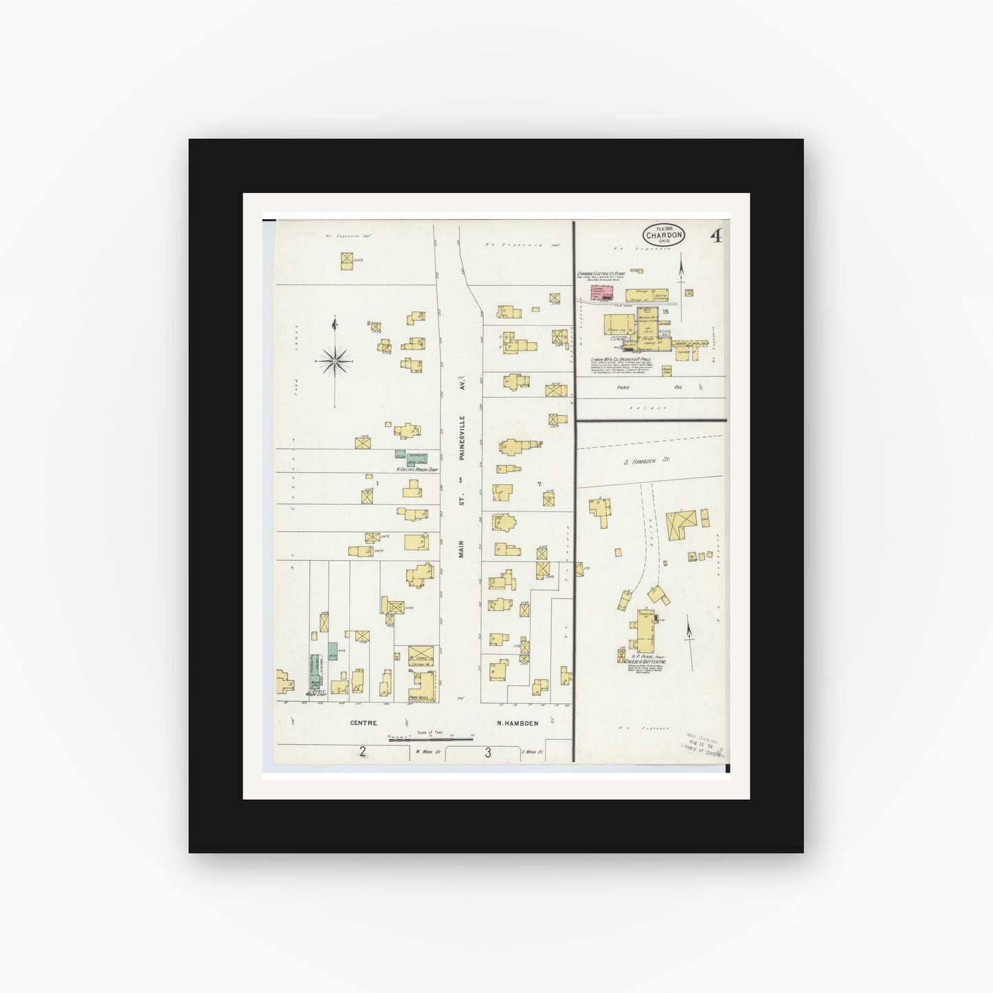 Old map wall art mockup — black gallery frame with white mat — Sanborn Fire Insurance Map from Chardon, Geauga County, Ohio (1899), Sheet #0004