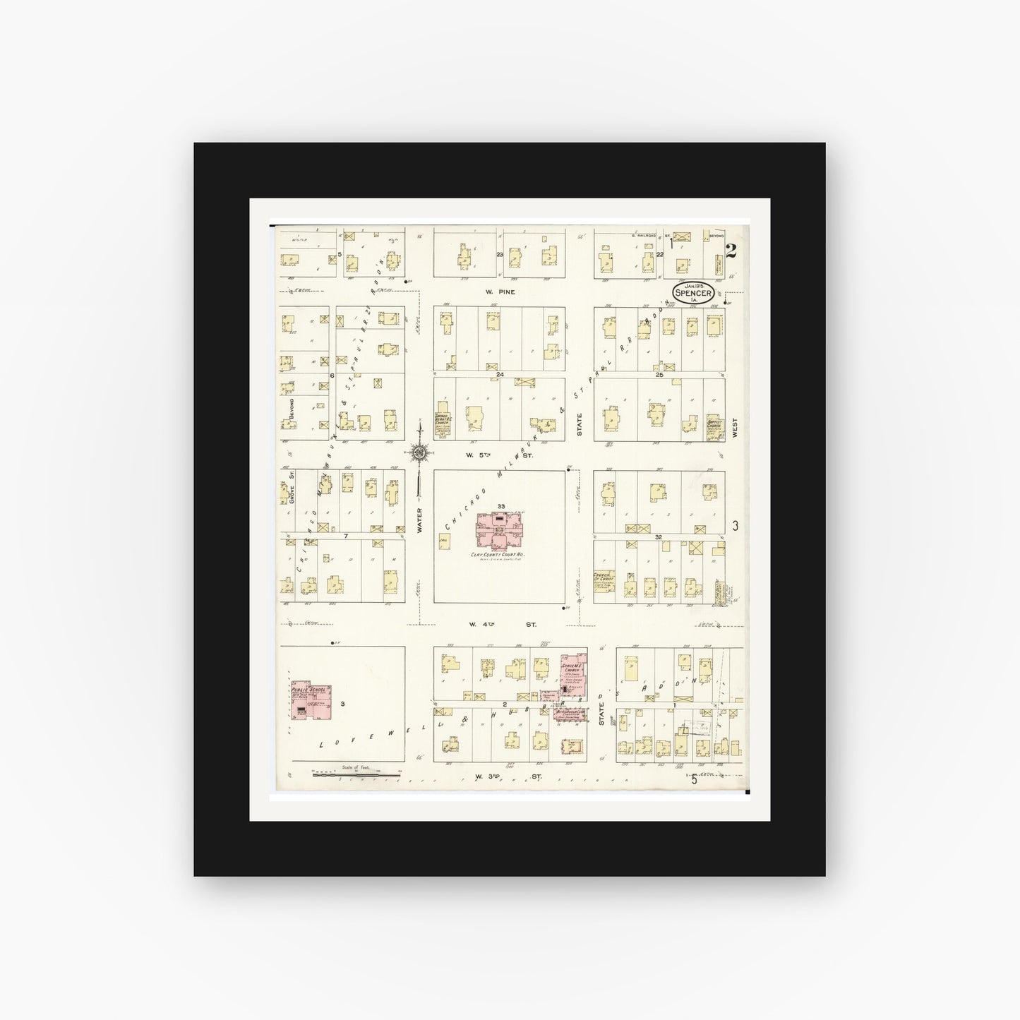 Old map wall art mockup — black gallery frame with white mat — Sanborn Fire Insurance Map from Spencer, Clay County, Iowa (1915), Sheet #0002