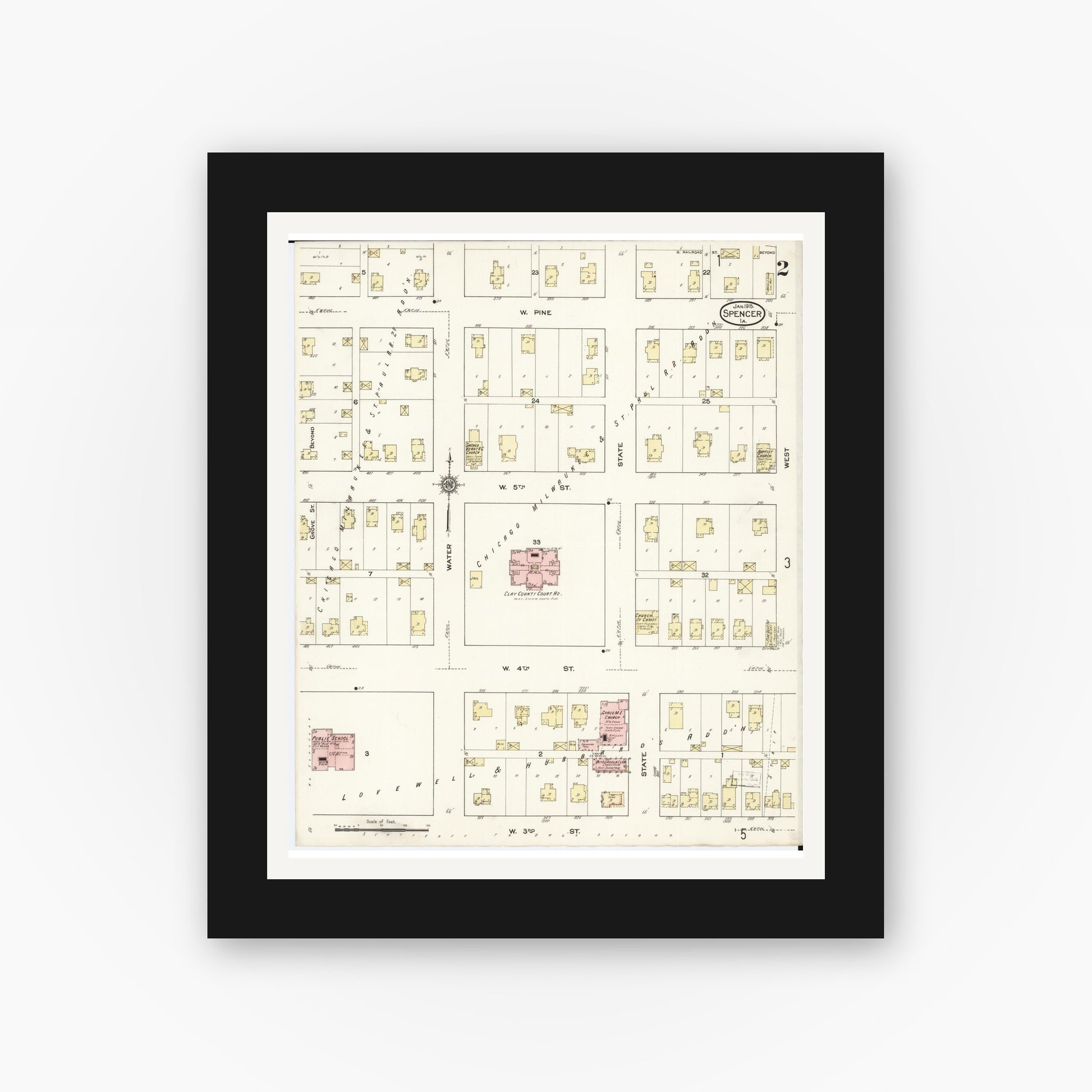 Old map wall art mockup — black gallery frame with white mat — Sanborn Fire Insurance Map from Spencer, Clay County, Iowa (1915), Sheet #0002
