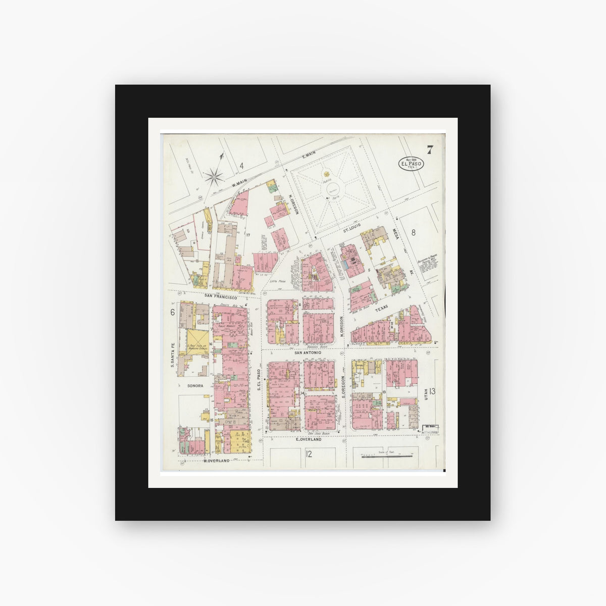 Old map wall art mockup — black gallery frame with white mat — Sanborn Fire Insurance Map from El Paso, El Paso County, Texas (1898), Sheet #0007