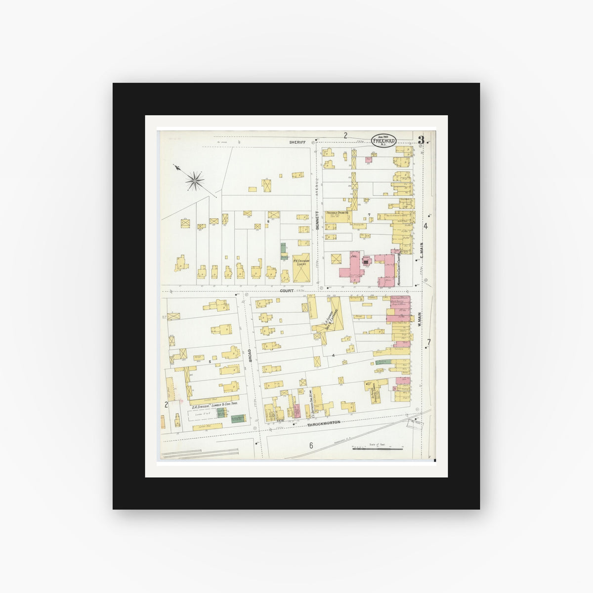 Old map wall art mockup — black gallery frame with white mat — Sanborn Fire Insurance Map from Freehold, Monmouth County, New Jersey (1901), Sheet #0003