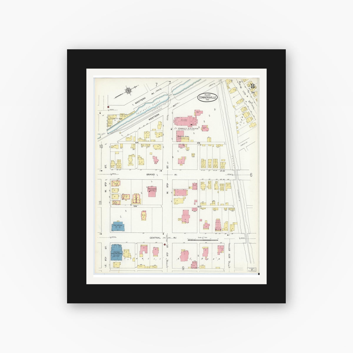 Old map wall art mockup — black gallery frame with white mat — Sanborn Fire Insurance Map from Connersville, Fayette County, Indiana (1913), Sheet #0008