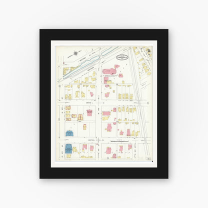 Old map wall art mockup — black gallery frame with white mat — Sanborn Fire Insurance Map from Connersville, Fayette County, Indiana (1913), Sheet #0008