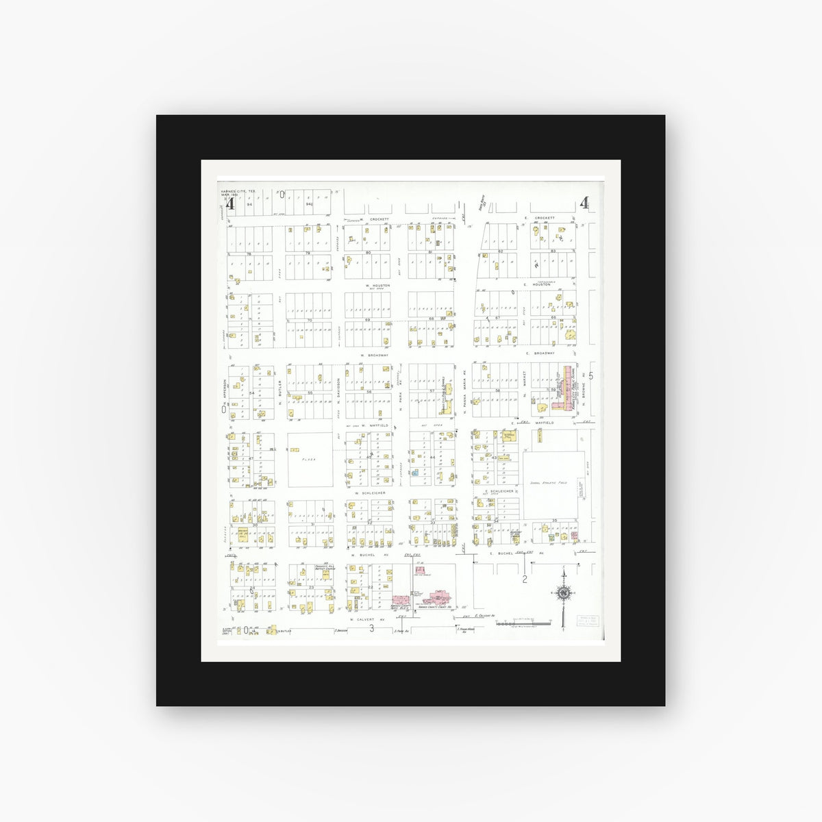 Old map wall art mockup — black gallery frame with white mat — Sanborn Fire Insurance Map from Karnes City, Karnes County, Texas (1951), Sheet #0004