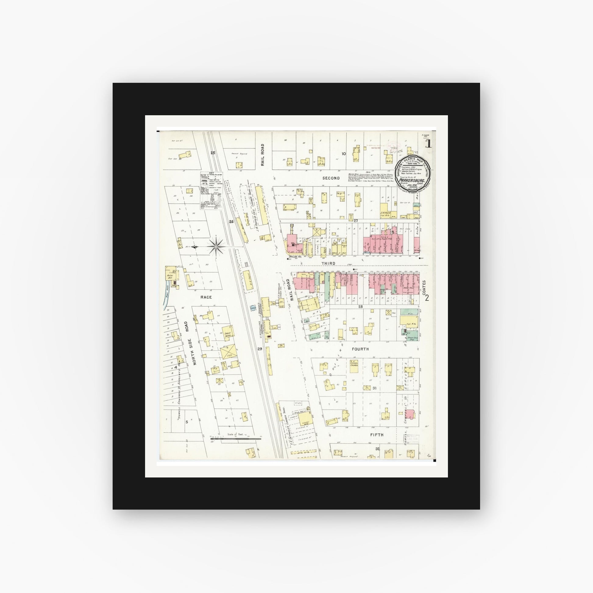 Old map wall art mockup — black gallery frame with white mat — Sanborn Fire Insurance Map from Parkersburg, Butler County, Iowa (1896), Sheet #0001