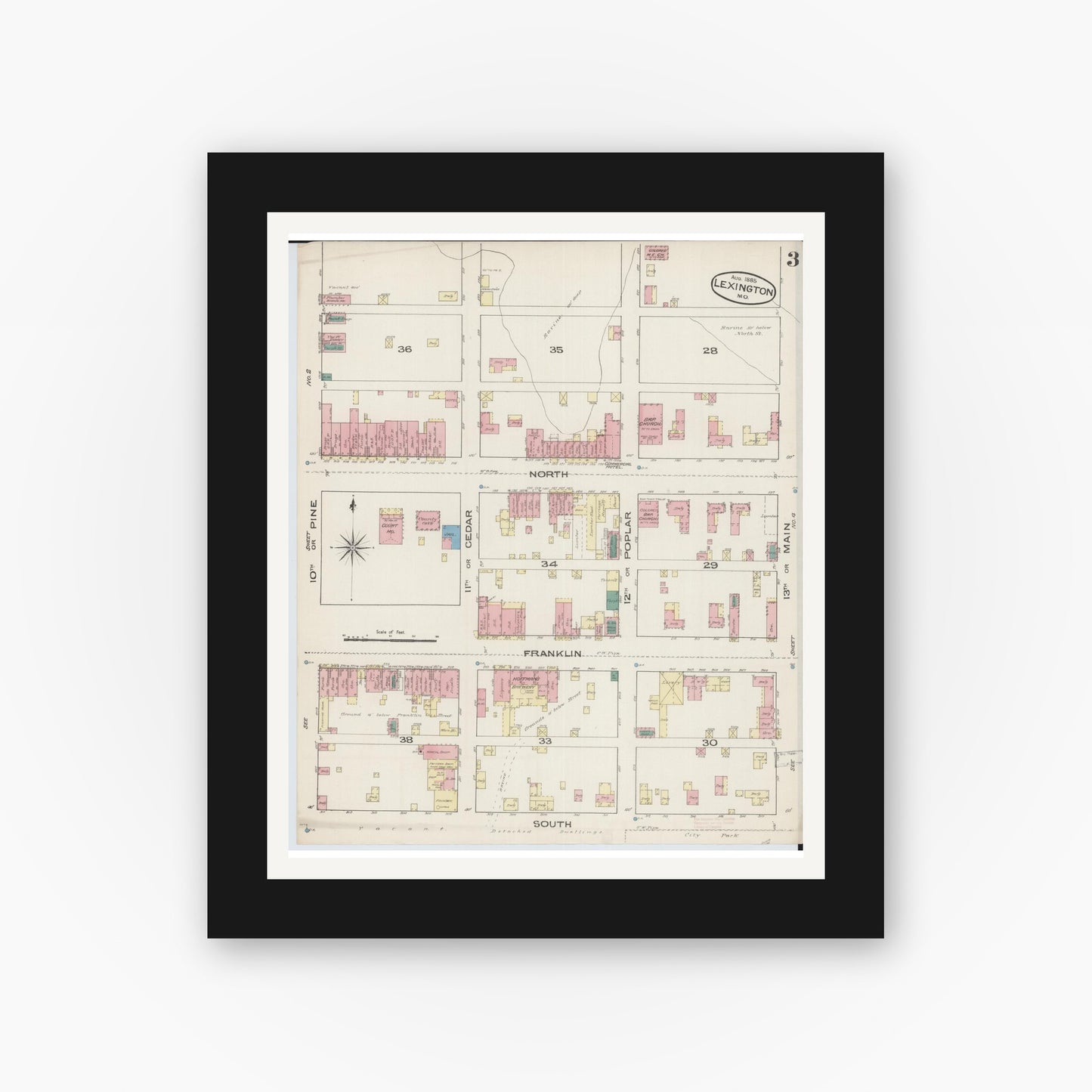 Old map wall art mockup — black gallery frame with white mat — Sanborn Fire Insurance Map from Lexington, Lafayette County, Missouri (1885), Sheet #0003