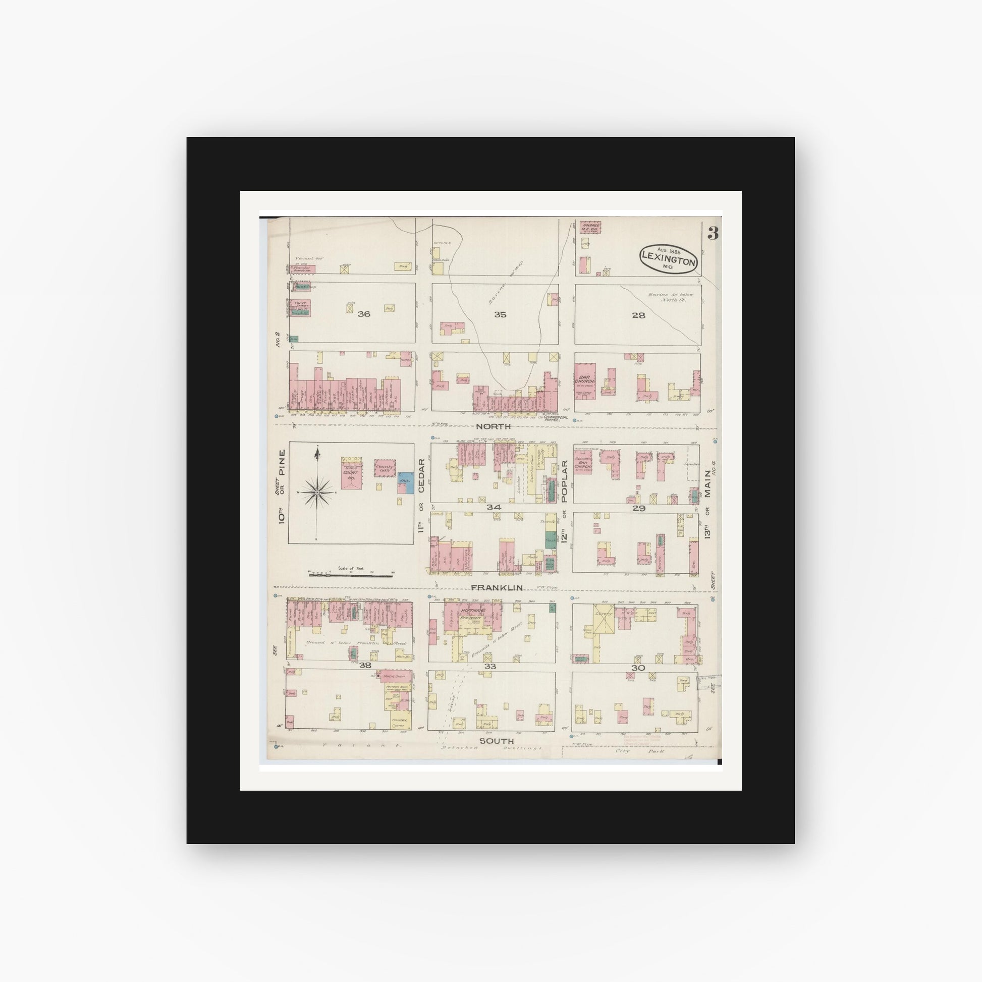 Old map wall art mockup — black gallery frame with white mat — Sanborn Fire Insurance Map from Lexington, Lafayette County, Missouri (1885), Sheet #0003