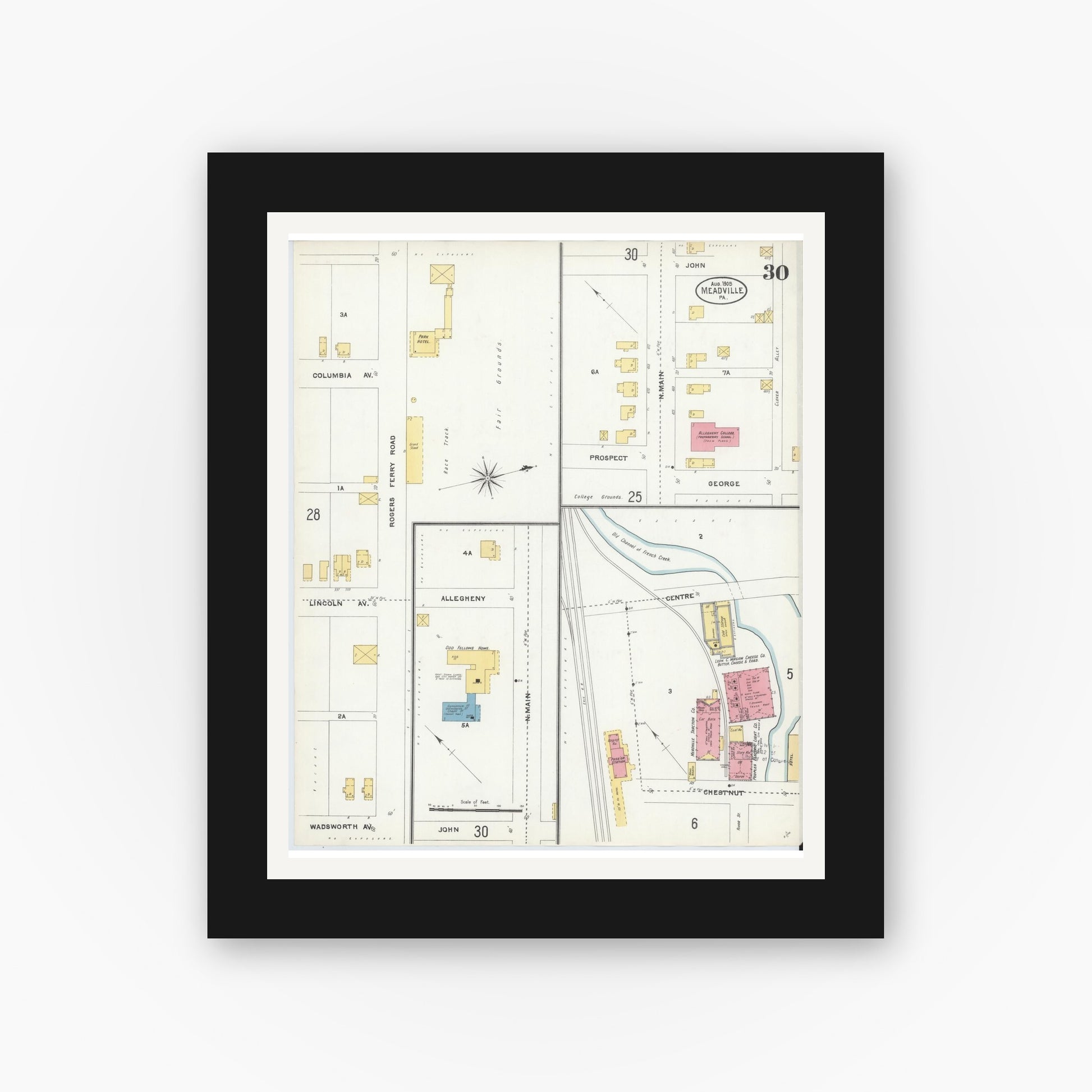 Old map wall art mockup — black gallery frame with white mat — Sanborn Fire Insurance Map from Meadville, Crawford County, Pennsylvania (1905), Sheet #0030