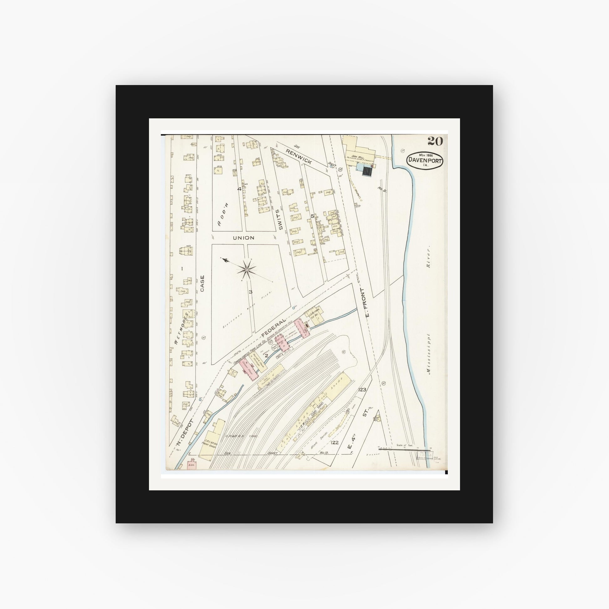 Old map wall art mockup — black gallery frame with white mat — Sanborn Fire Insurance Map from Davenport, Scott County, Iowa (1886), Sheet #0020