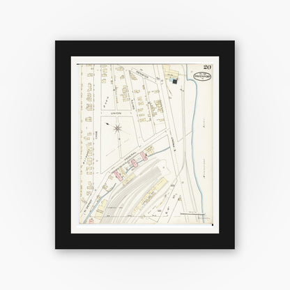 Old map wall art mockup — black gallery frame with white mat — Sanborn Fire Insurance Map from Davenport, Scott County, Iowa (1886), Sheet #0020