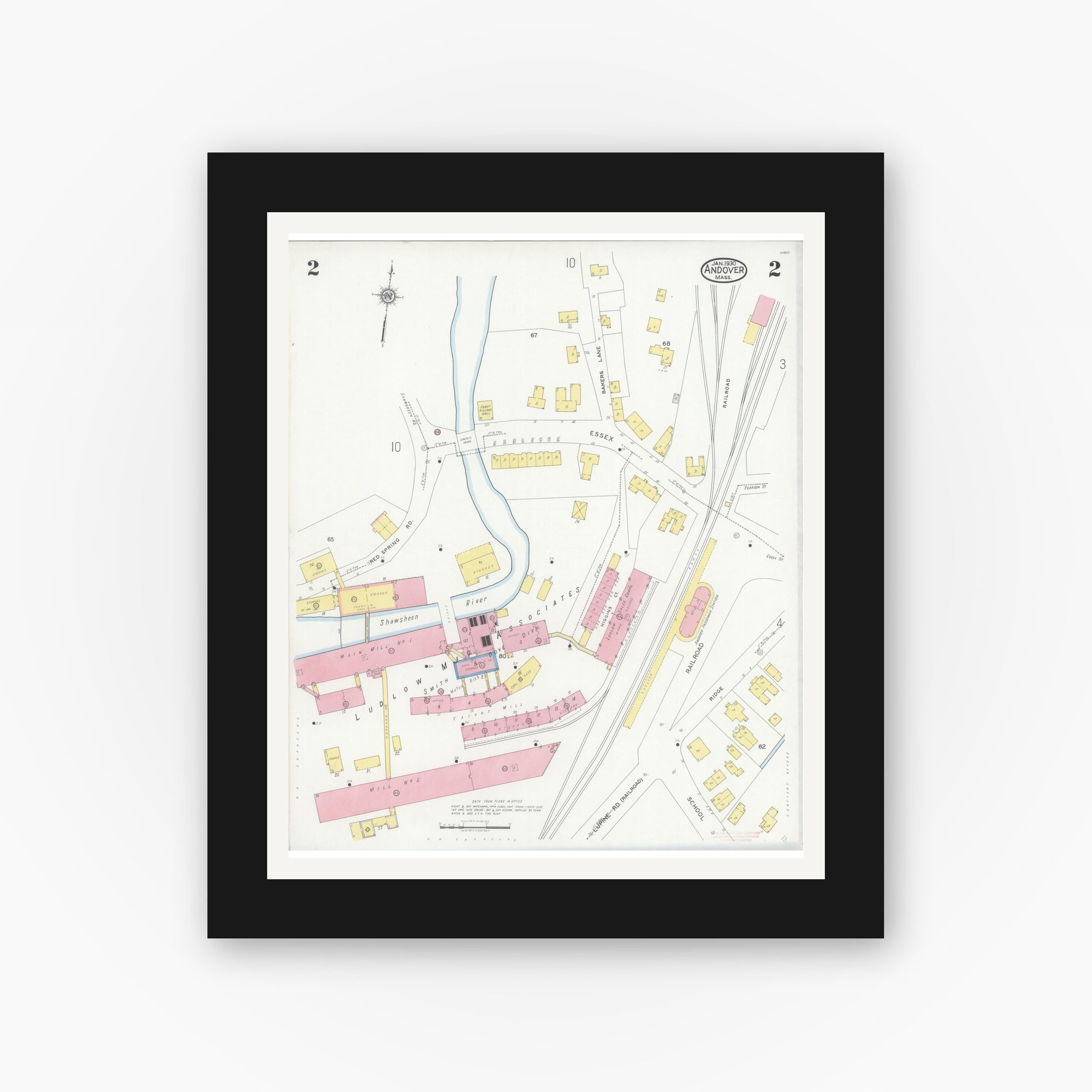 Old map wall art mockup — black gallery frame with white mat — Sanborn Fire Insurance Map from Andover, Essex County, Massachusetts (1930), Sheet #0002