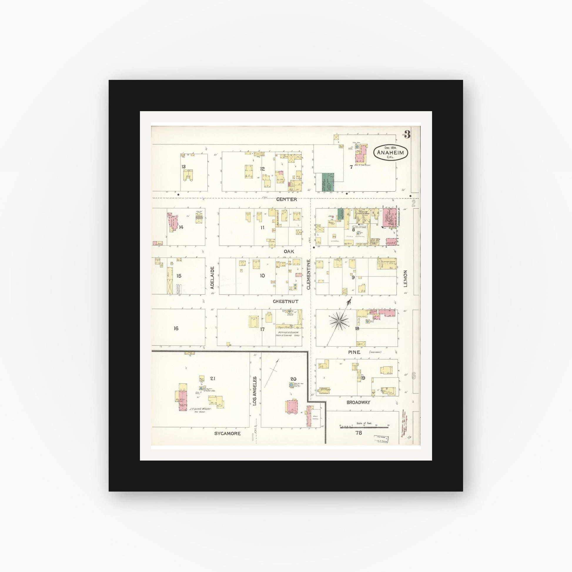 Old map wall art mockup — black gallery frame with white mat — Sanborn Fire Insurance Map from Anaheim, Orange County, California (1894), Sheet #0003