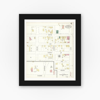 Old map wall art mockup — black gallery frame with white mat — Sanborn Fire Insurance Map from Anaheim, Orange County, California (1894), Sheet #0003
