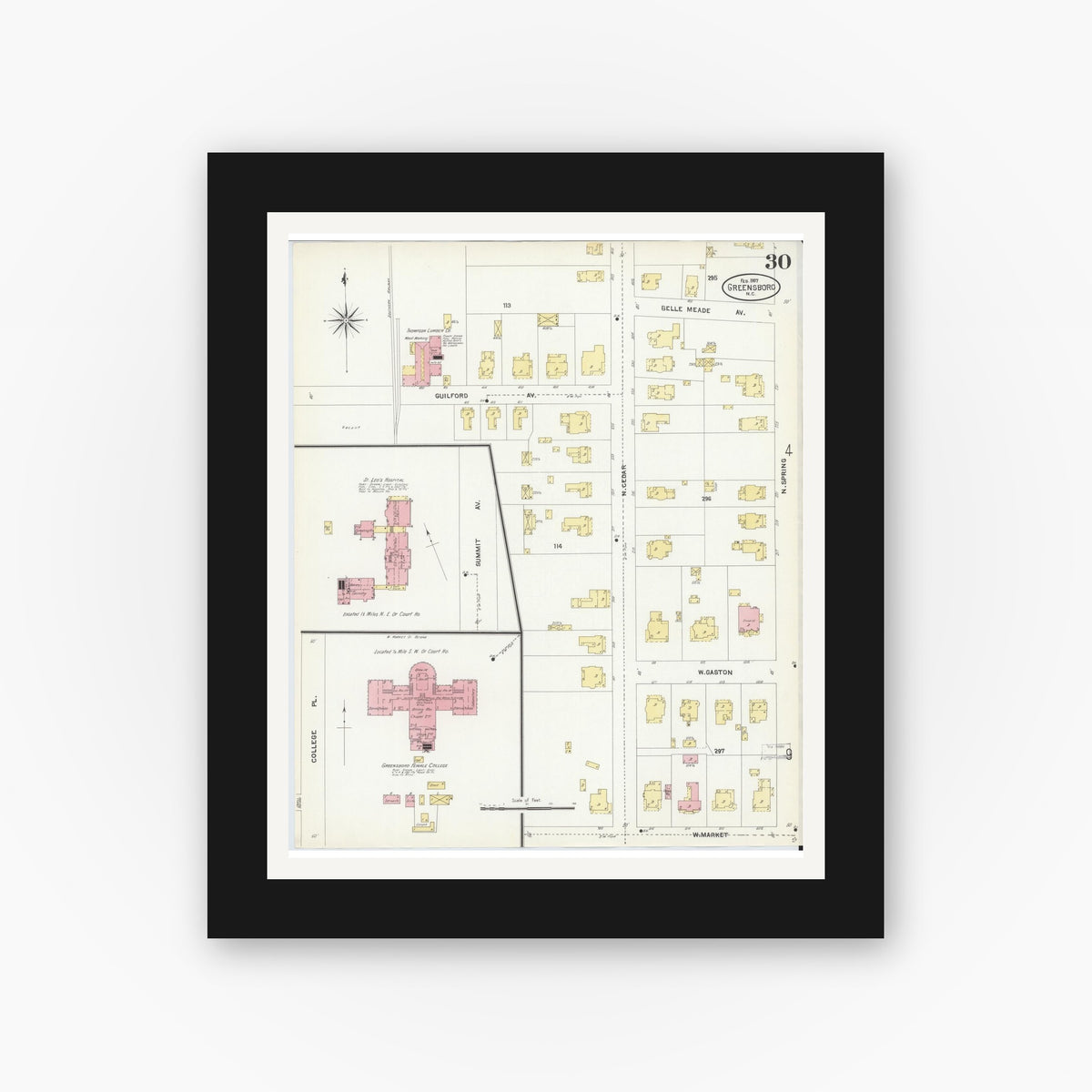 Old map wall art mockup — black gallery frame with white mat — Sanborn Fire Insurance Map from Greensboro, Guilford County, North Carolina (1907), Sheet #0030