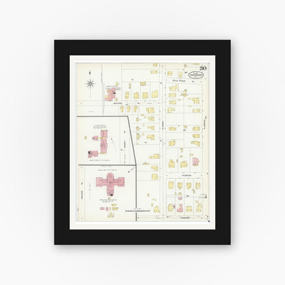 Old map wall art mockup — black gallery frame with white mat — Sanborn Fire Insurance Map from Greensboro, Guilford County, North Carolina (1907), Sheet #0030