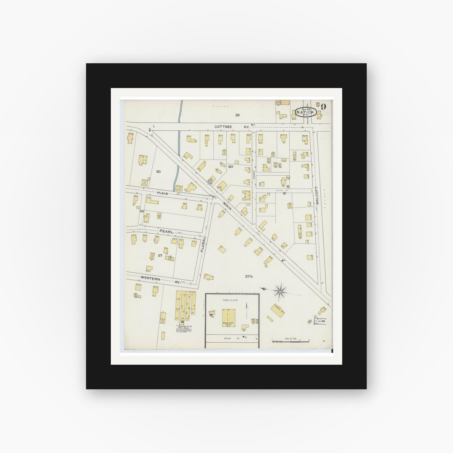 Old map wall art mockup — black gallery frame with white mat — Sanborn Fire Insurance Map from Natick, Middlesex County, Massachusetts (1894), Sheet #0009
