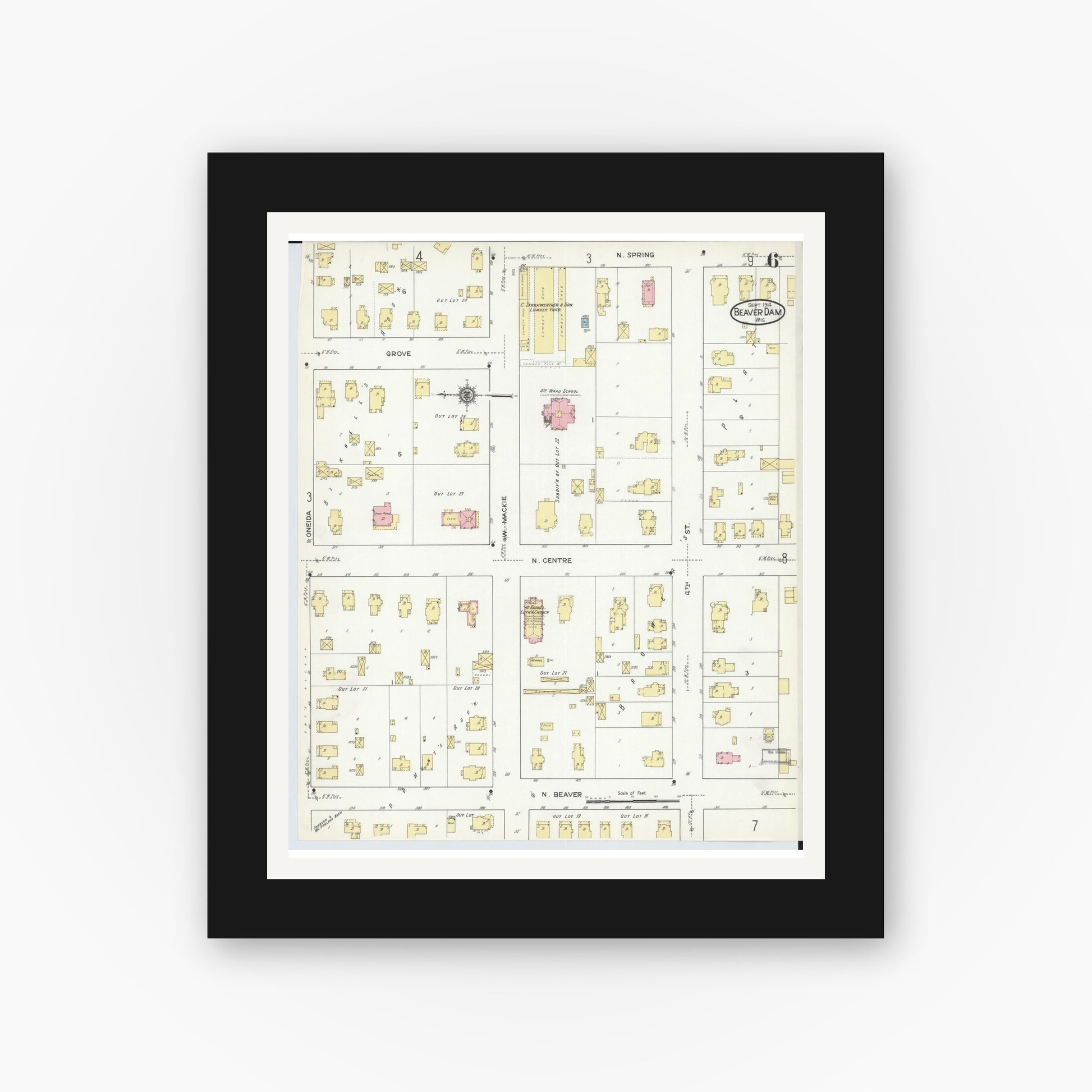 Old map wall art mockup — black gallery frame with white mat — Sanborn Fire Insurance Map from Beaver Dam, Dodge County, Wisconsin (1914), Sheet #0006