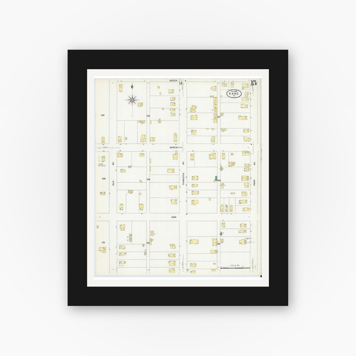 Old map wall art mockup — black gallery frame with white mat — Sanborn Fire Insurance Map from Kane, McKean County, Pennsylvania (1909), Sheet #0015