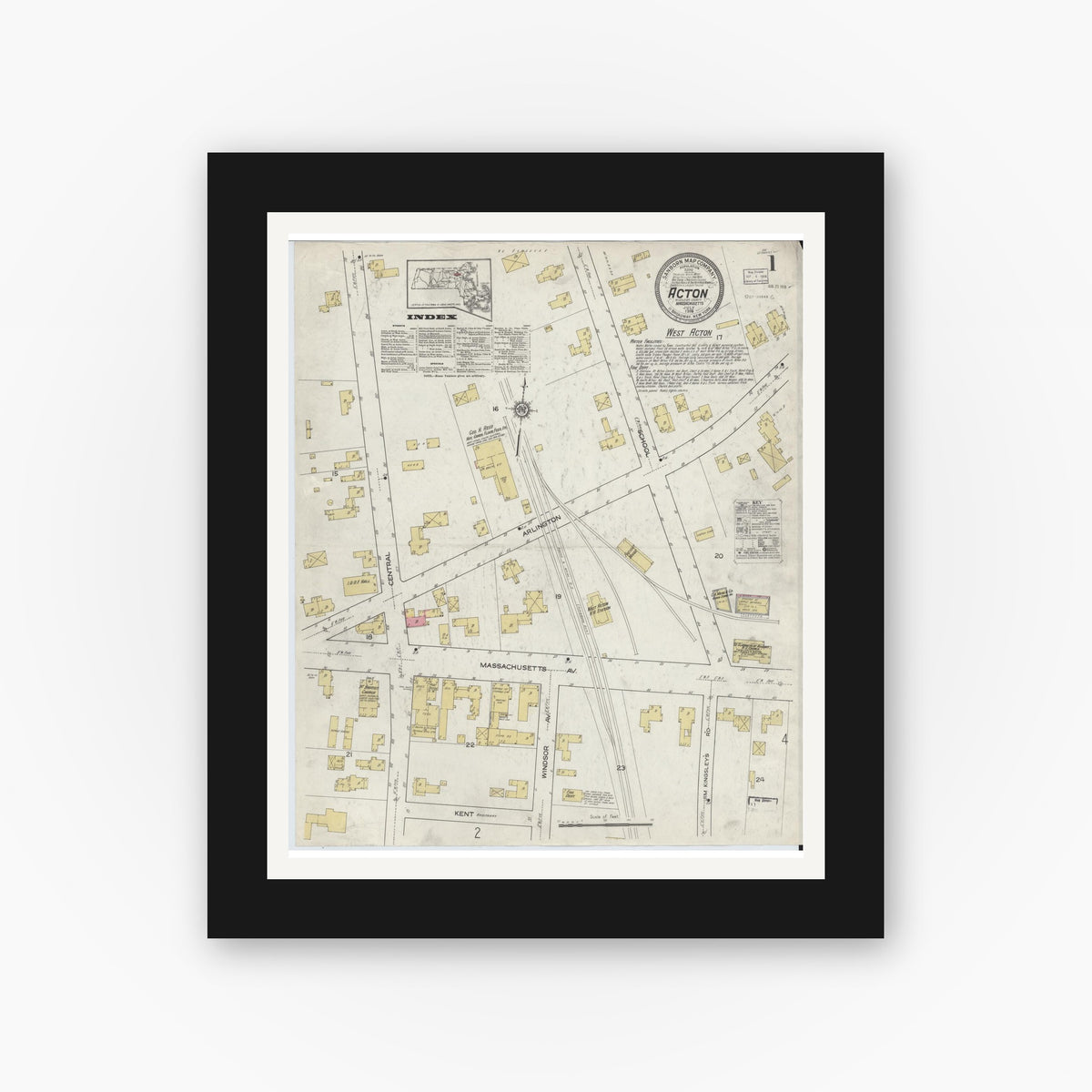 Old map wall art mockup — black gallery frame with white mat — Sanborn Fire Insurance Map from Acton, Middlesex County, Massachusetts (1916), Sheet #0001