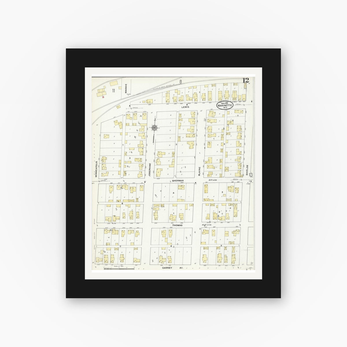Old map wall art mockup — black gallery frame with white mat — Sanborn Fire Insurance Map from Marinette, Marinette County, Wisconsin (1910), Sheet #0012