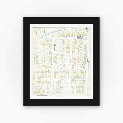 Old map wall art mockup — black gallery frame with white mat — Sanborn Fire Insurance Map from Marinette, Marinette County, Wisconsin (1910), Sheet #0012