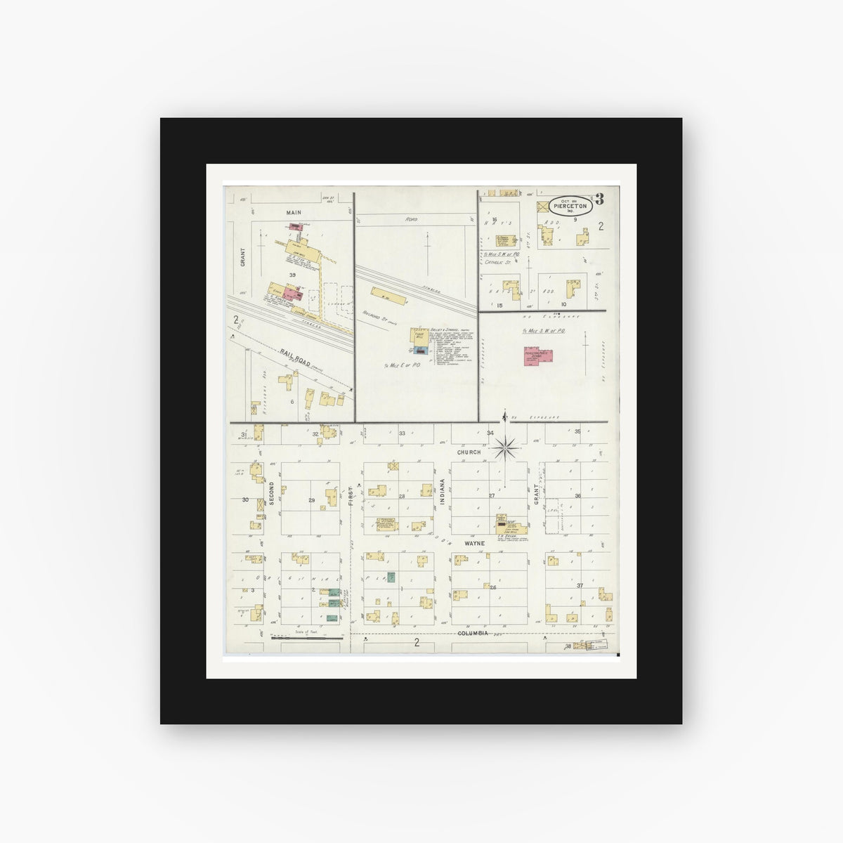 Old map wall art mockup — black gallery frame with white mat — Sanborn Fire Insurance Map from Pierceton, Kosciusko County, Indiana (1901), Sheet #0003